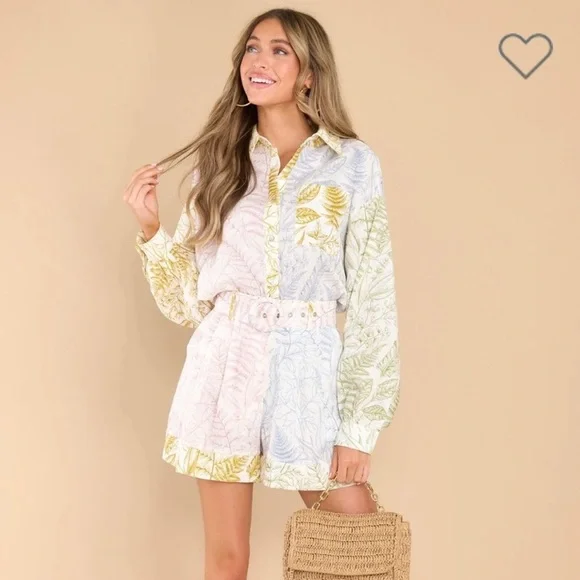 NEW Aura Linen Blend Botanical Print Long Sleeve Shirt and Matching Shorts - Picture 1 of 15